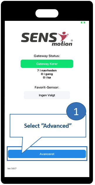 App screens showing favorite sensor selection step 1 - Press 'Advanced'