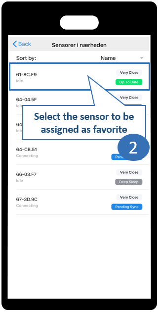 App screens showing favorite sensor selection step 2 - Select a sensor