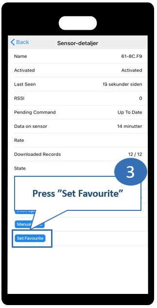 App screens showing favorite sensor selection step 3 - Press 'Set favorite'
