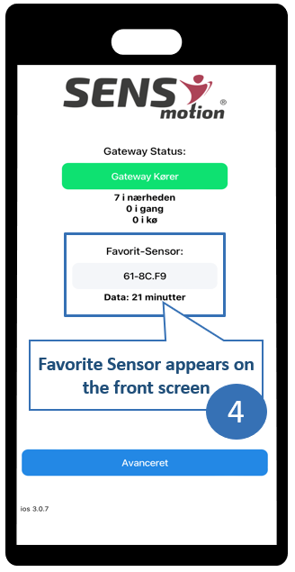 App screens showing favorite sensor selection step 4 - The favorite sensor will now be displayed on the front page of the app and you can keep track of how much data has been transferred.