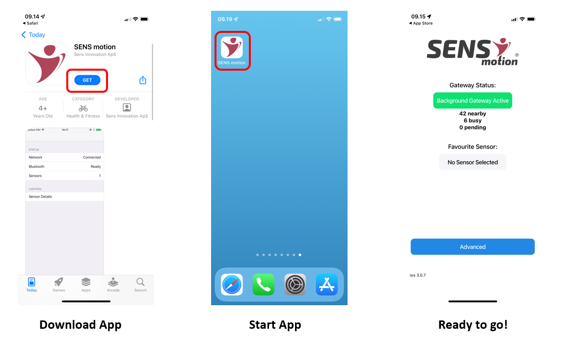 SENS motion app on iOS