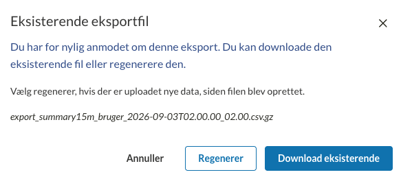 Vinduet Eksisterende eksportfil med Annuller, Regenerer og Download eksisterende