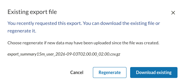 Existing export file window with Cancel, Regenerate and Download existing