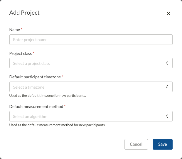 Add Project window with default timezone and measurement method